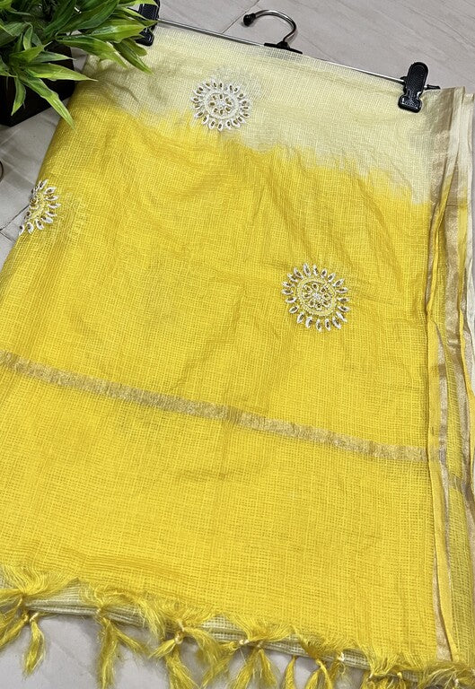 Lucknowi Chikankari Cream and Yellow Kota Silk Flower Motif Dupatta