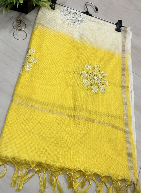 Lucknowi Chikankari Ombre Cream and Yellow Kota Silk Dupatta