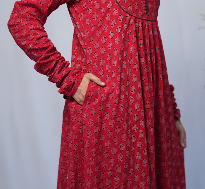 Navya Cotton Red Chudi Sleeves Aline Kurta