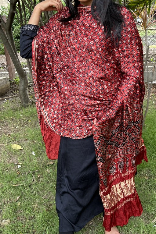 Ajrakh Red Modal Silk Lagdi Patta Dupatta