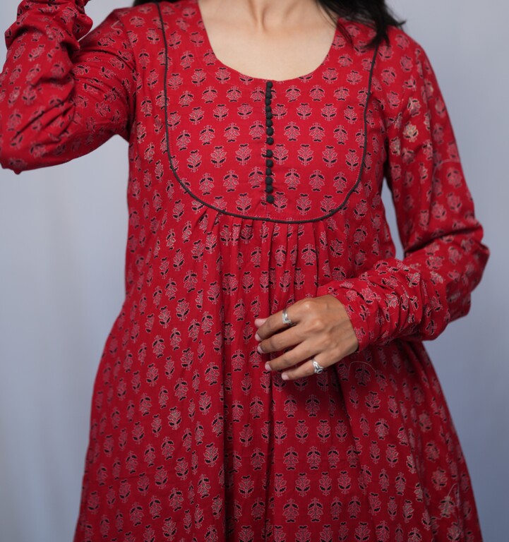 Navya Cotton Red Chudi Sleeves Aline Kurta