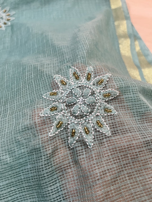 Lucknowi Chikankari Blue Kota Silk Dupatta