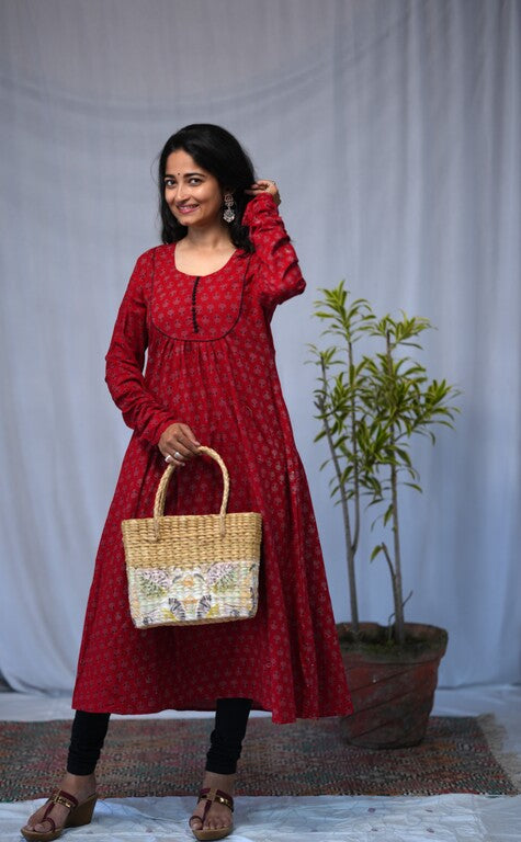 Navya Cotton Red Chudi Sleeves Aline Kurta