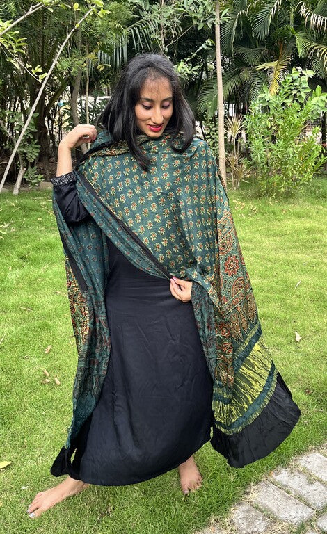 Ajrakh Green Modal Silk Lagdi Patta Dupatta