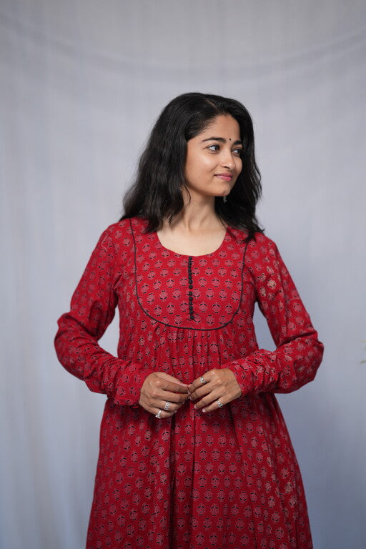 Navya Cotton Red Chudi Sleeves Aline Kurta