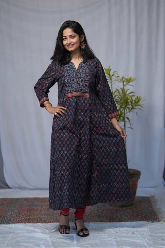 Amvi Ajrakh Blue Kali Kurta