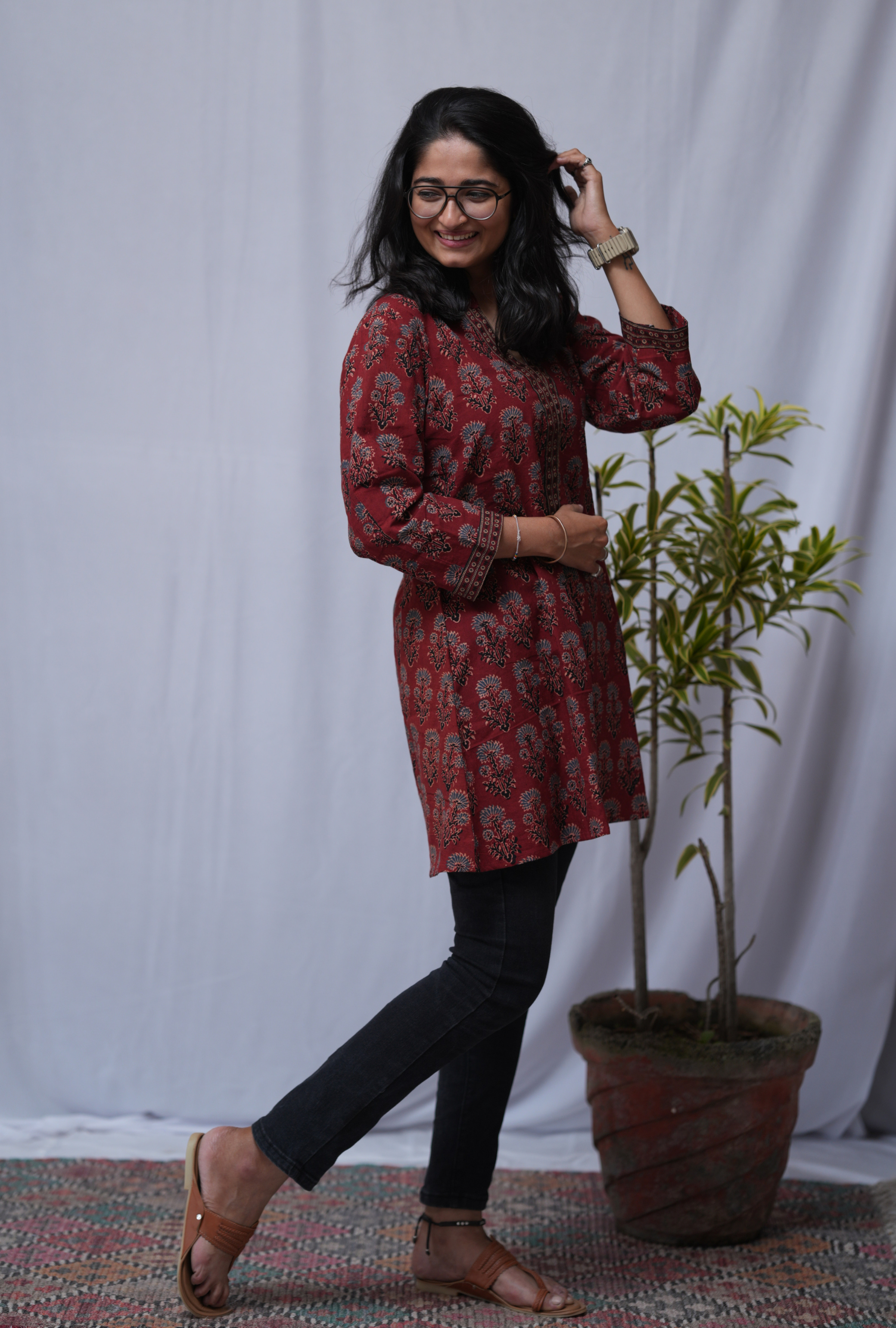 Diti Ajrakh Red A-line Short Top Kurti