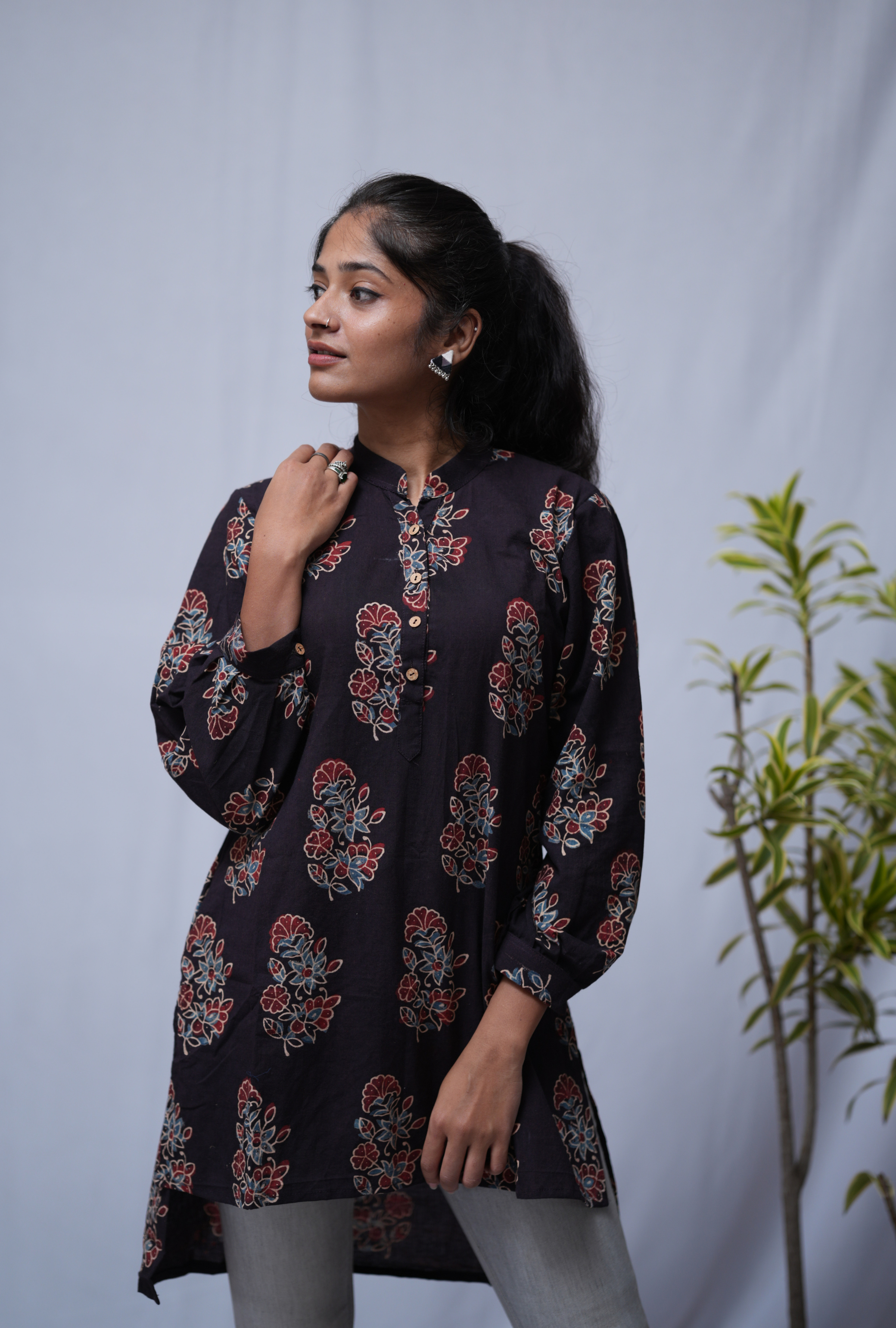 Nirrti Ajrakh Black Cotton Short Top Kurti